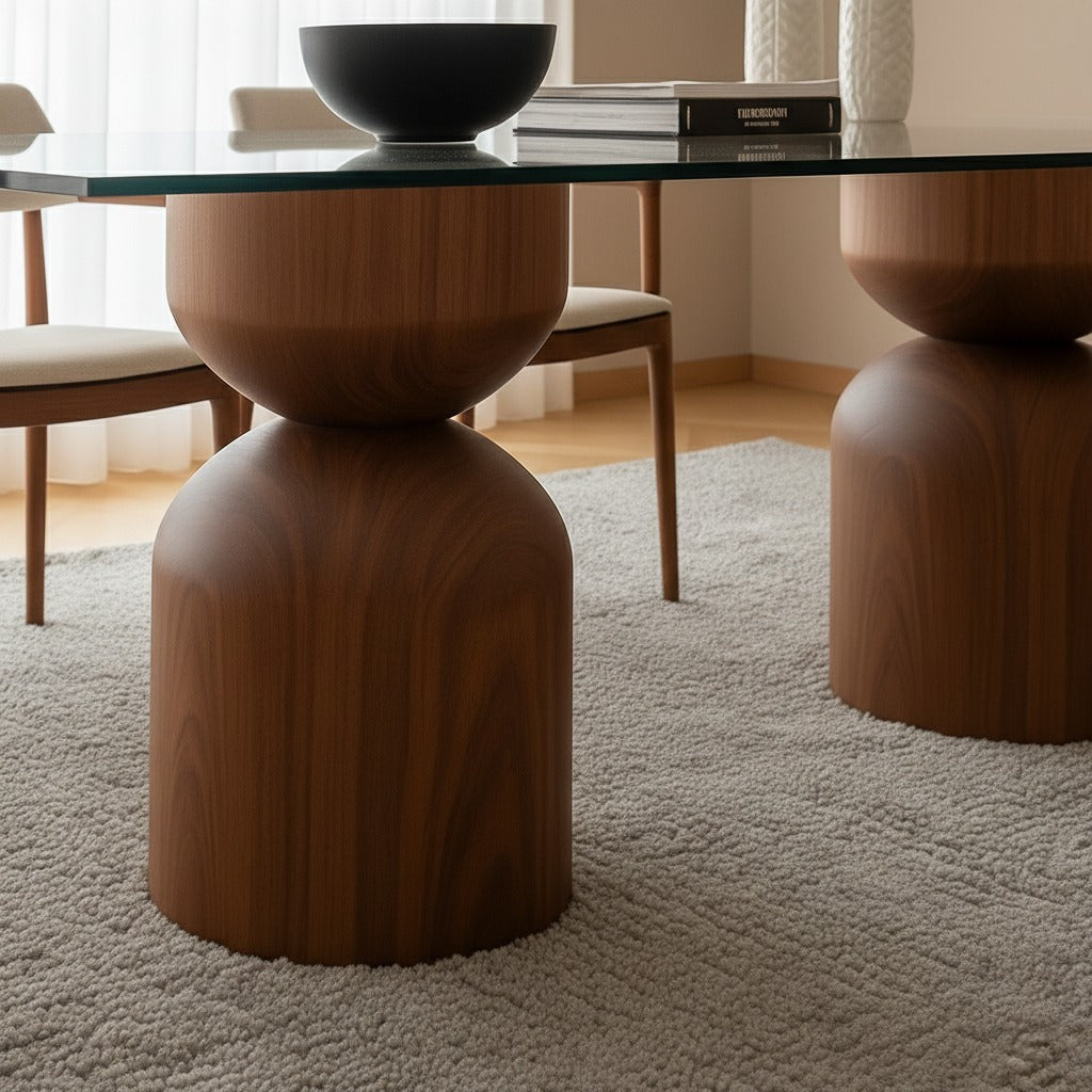 Detalle de la base escultórica en madera de la mesa de comedor Mia Vetro NUMI