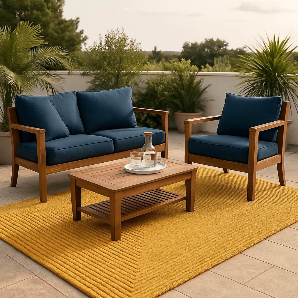 Alfombra TA Original Mostaza en terraza exterior con muebles de jardín