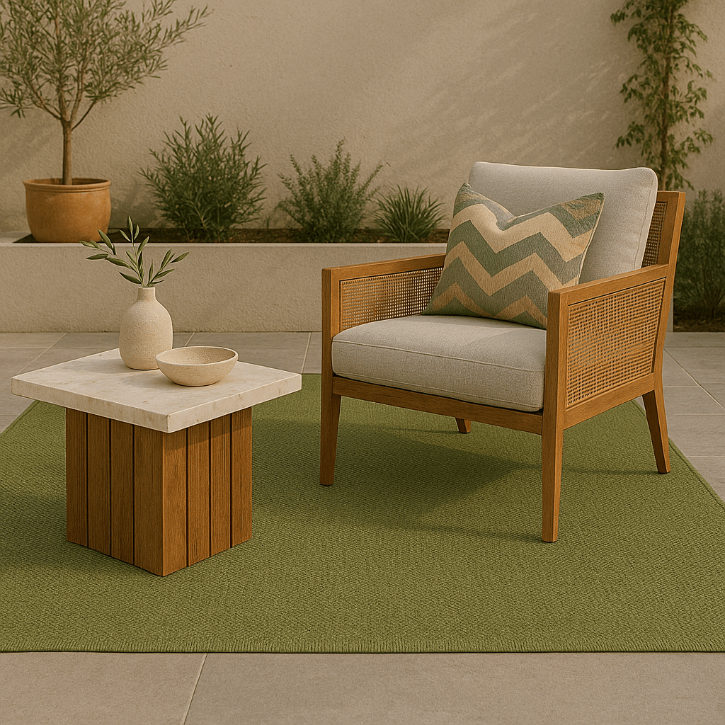 Alfombra TA Original Verde en terraza con muebles de madera para exterior