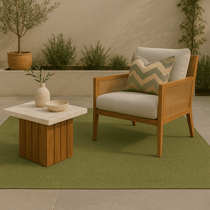 Alfombra TA Original Verde en terraza con muebles de madera para exterior