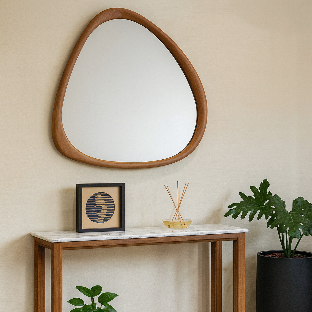 Espejo Melia de diseño orgánico con marco artesanal de madera natural