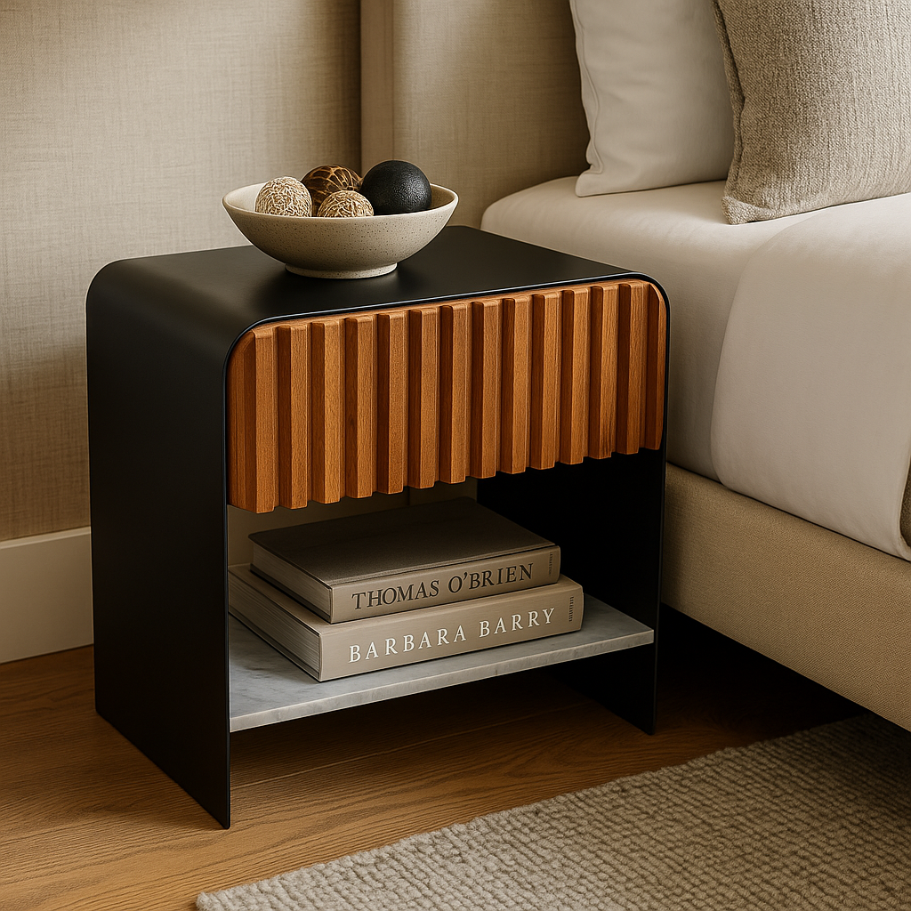 Mesa de Noche Creta de madera y acero NUMI, diseño elegante