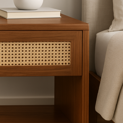 Detalle del diseño y material del mueble Mesa de noche Yume NUMI para dormitorio